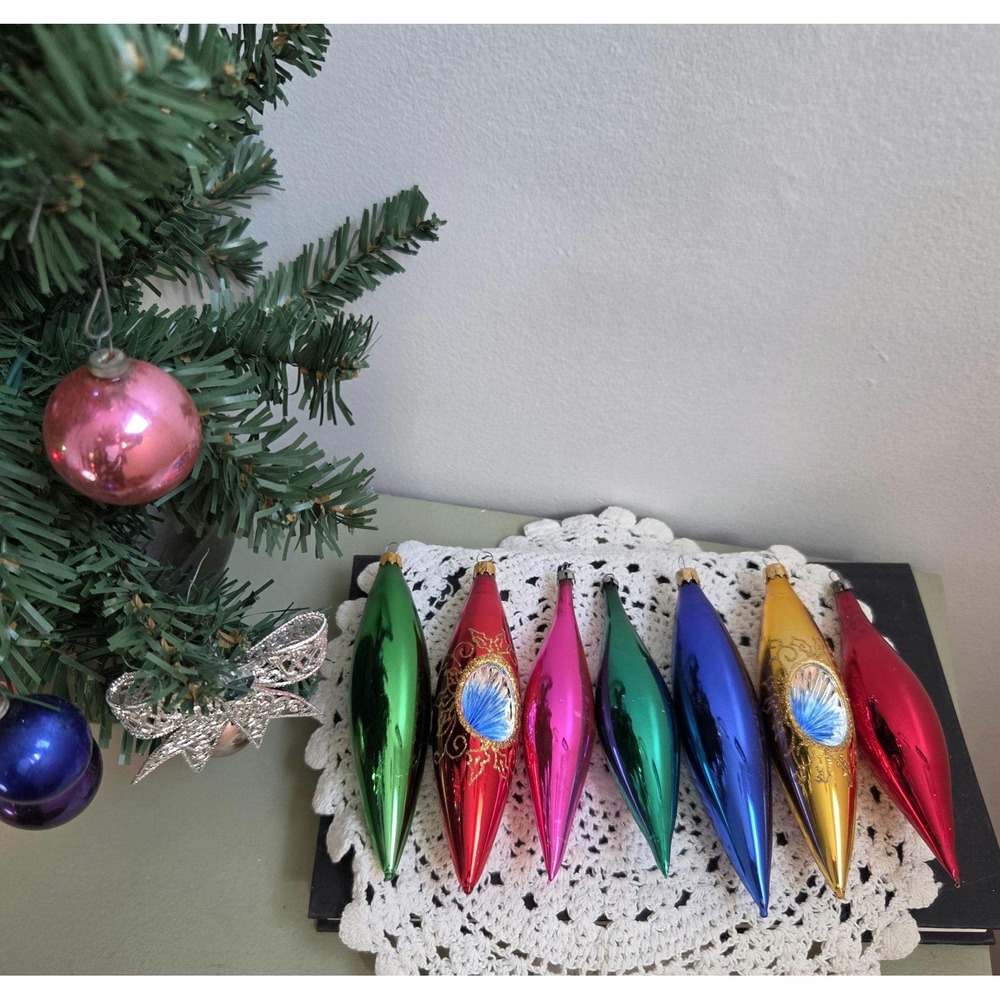7 Vintage Glass Finial Christmas Ornaments Reflector Jewel Tone
